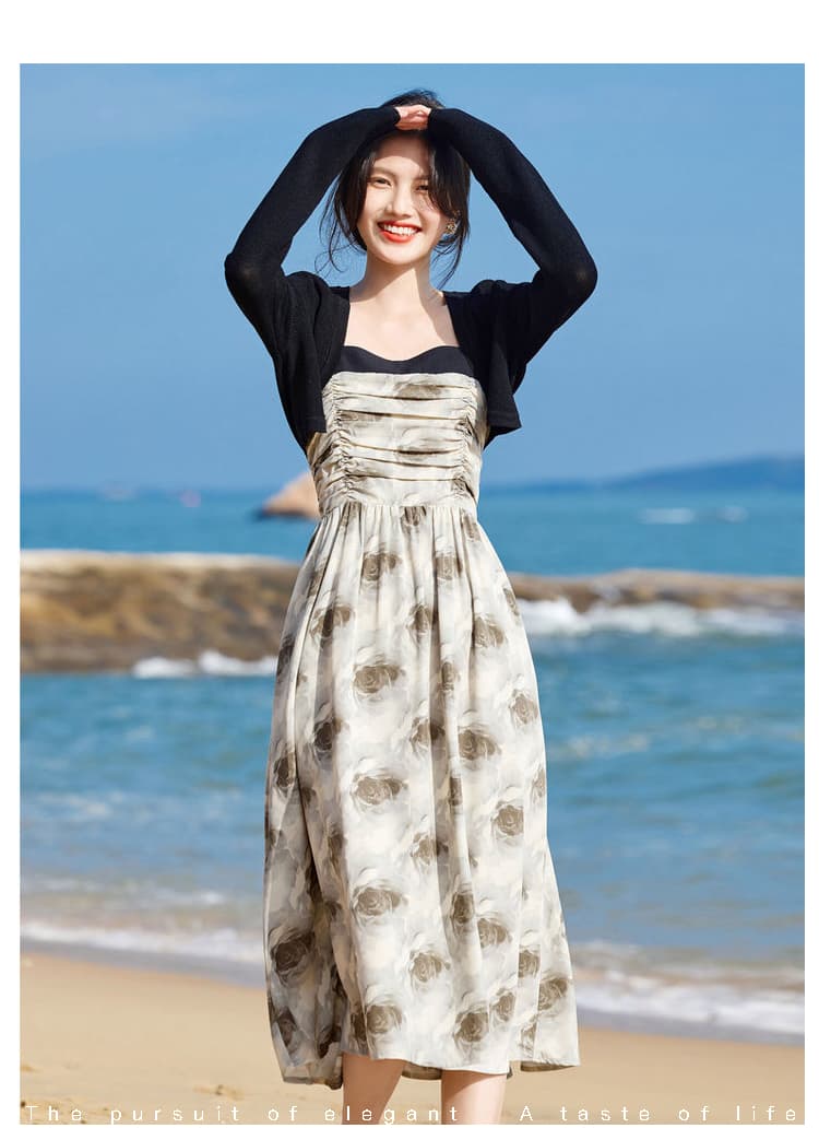 大人ワンピース ロング 優美な薔薇模様 ギャザーワンピース