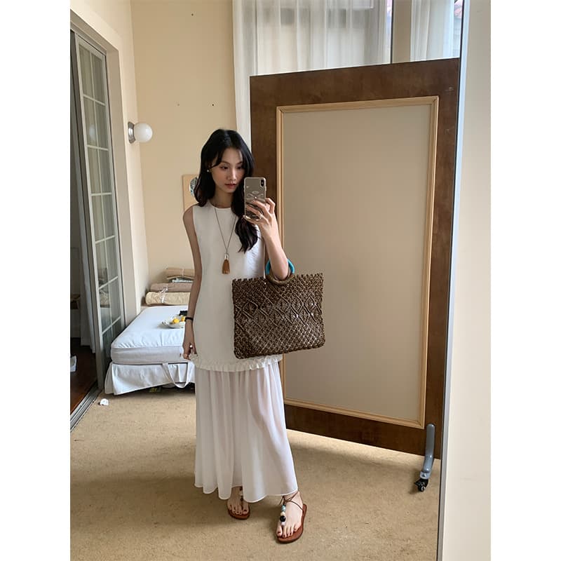 大人ワンピース ロング シフォン切替フリルロングワンピース