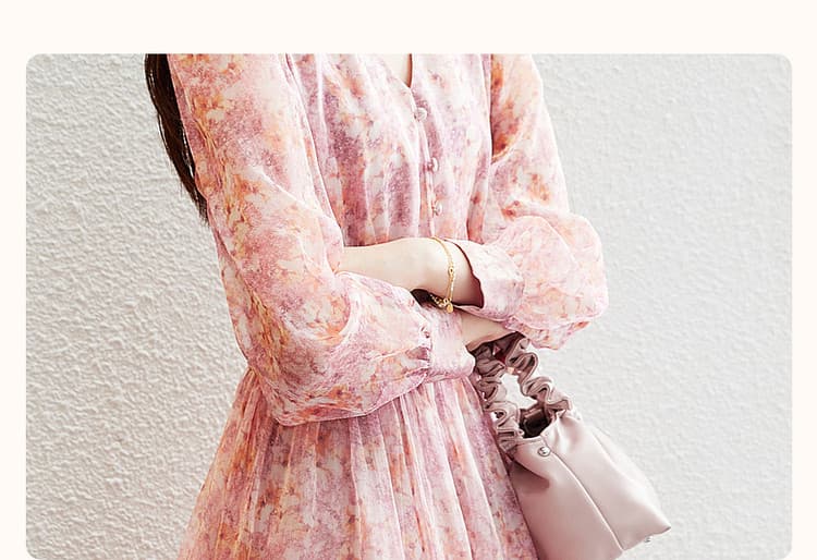 大人ワンピース ロング 花柄シフォンギャザーワンピース