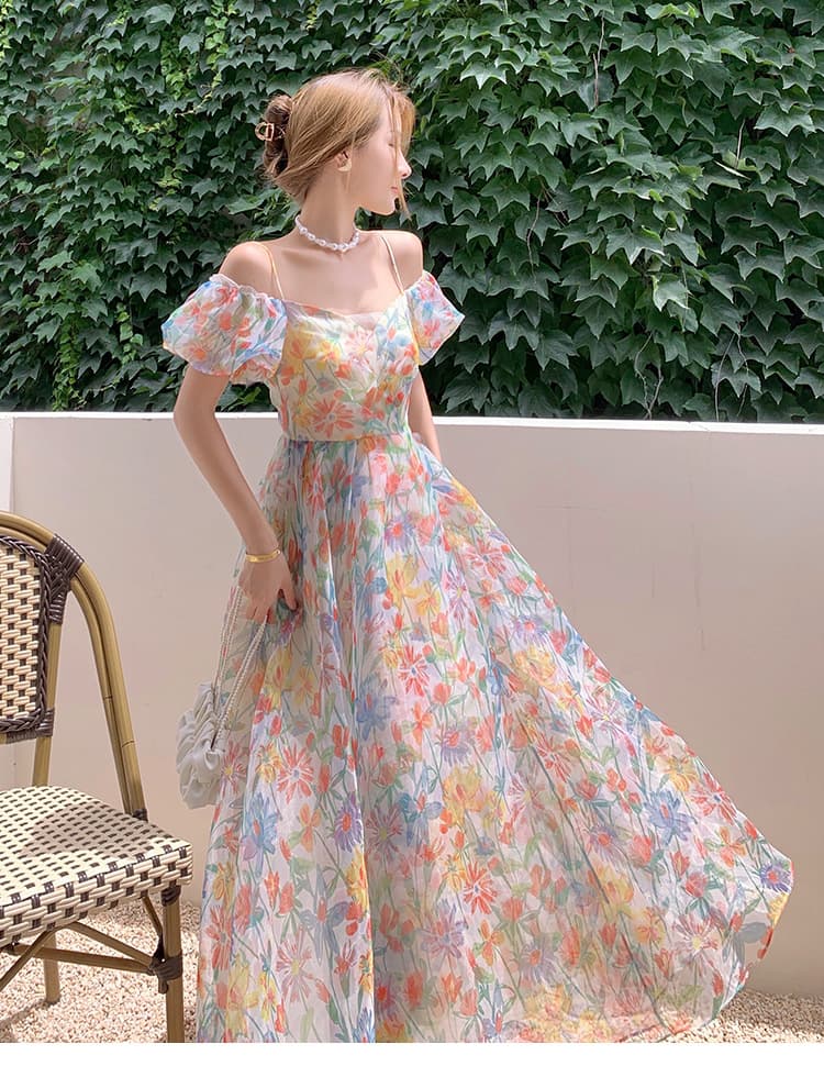 大人ワンピース ロング 花柄シアーギャザーワンピース