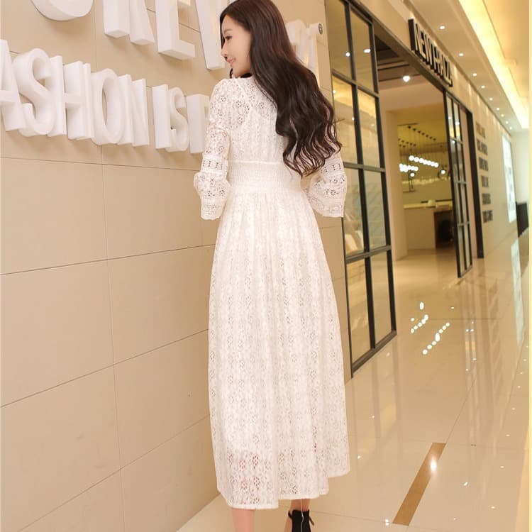 大人ワンピース ロング 花レース美シルエット