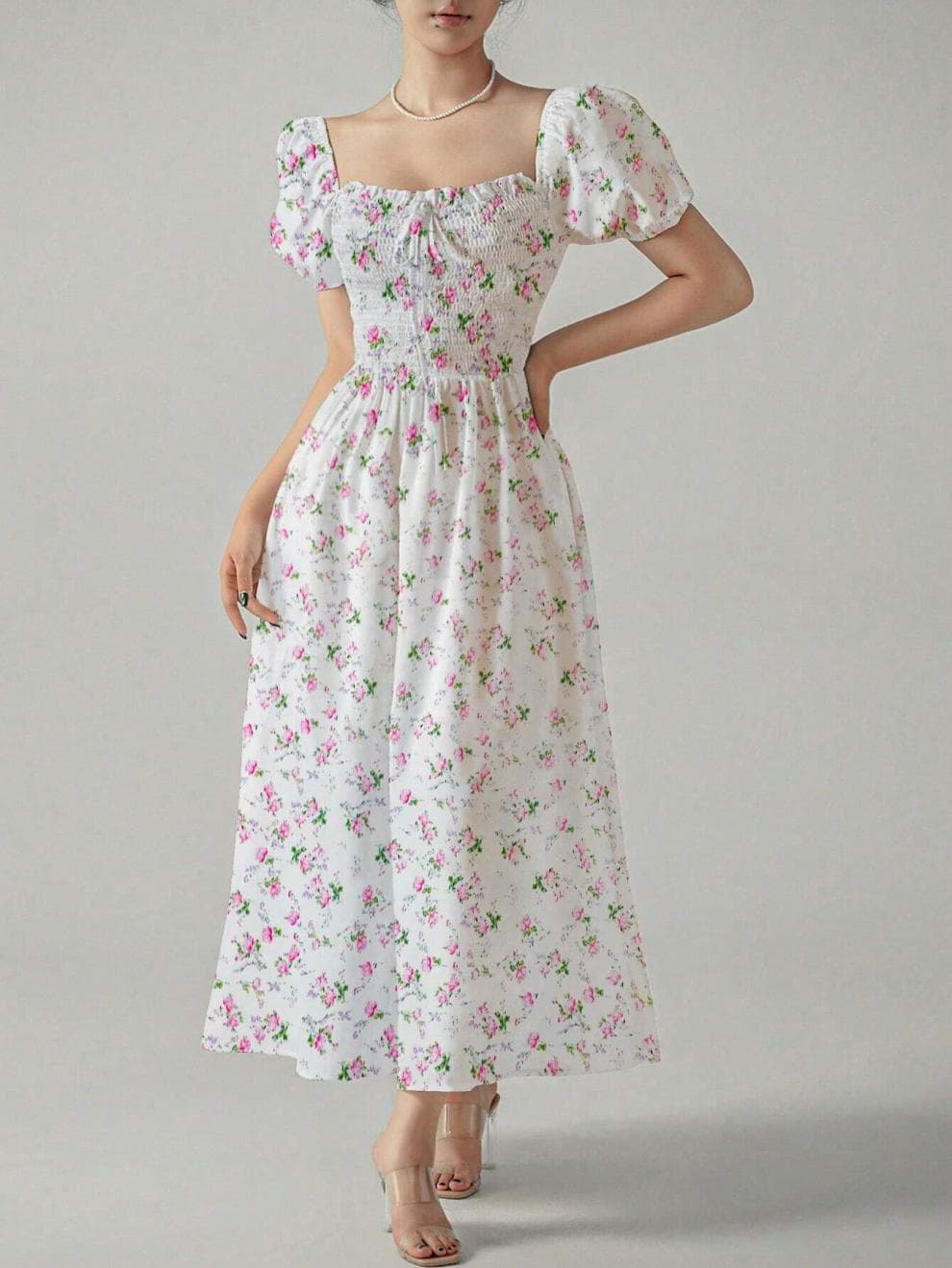 大人ワンピース ロング 花柄シャーリングワンピース