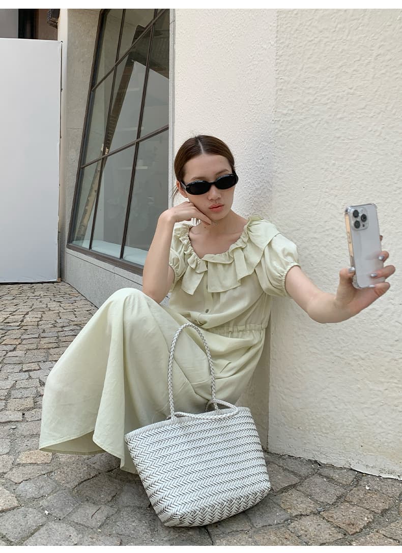 大人ワンピース ロング フリルデコルテ リゾートロングワンピース