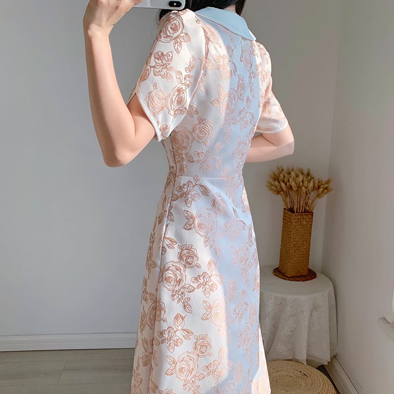大人ワンピース ロング 優美なパフスリーブ 花柄ロングワンピース