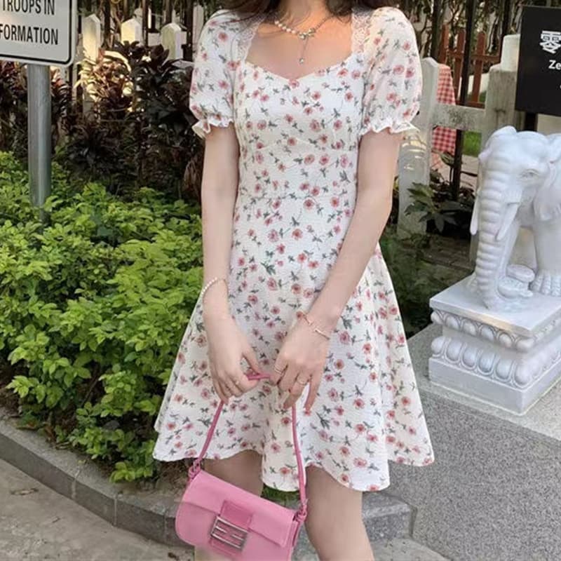 大人ワンピース ロング 上品華やかな花柄パフスリーブワンピース