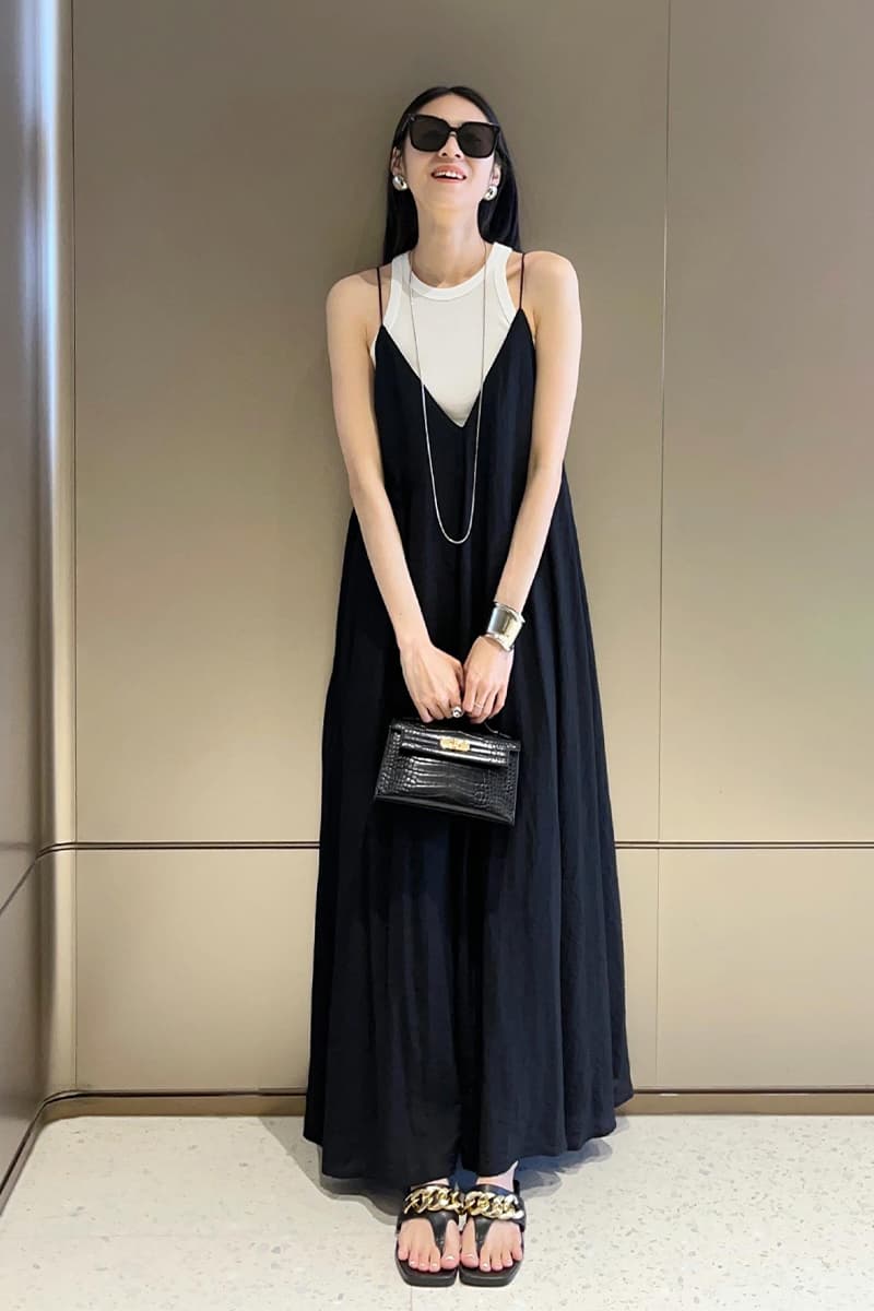 大人ワンピース ロング 重ね着風キャミソールロングワンピース
