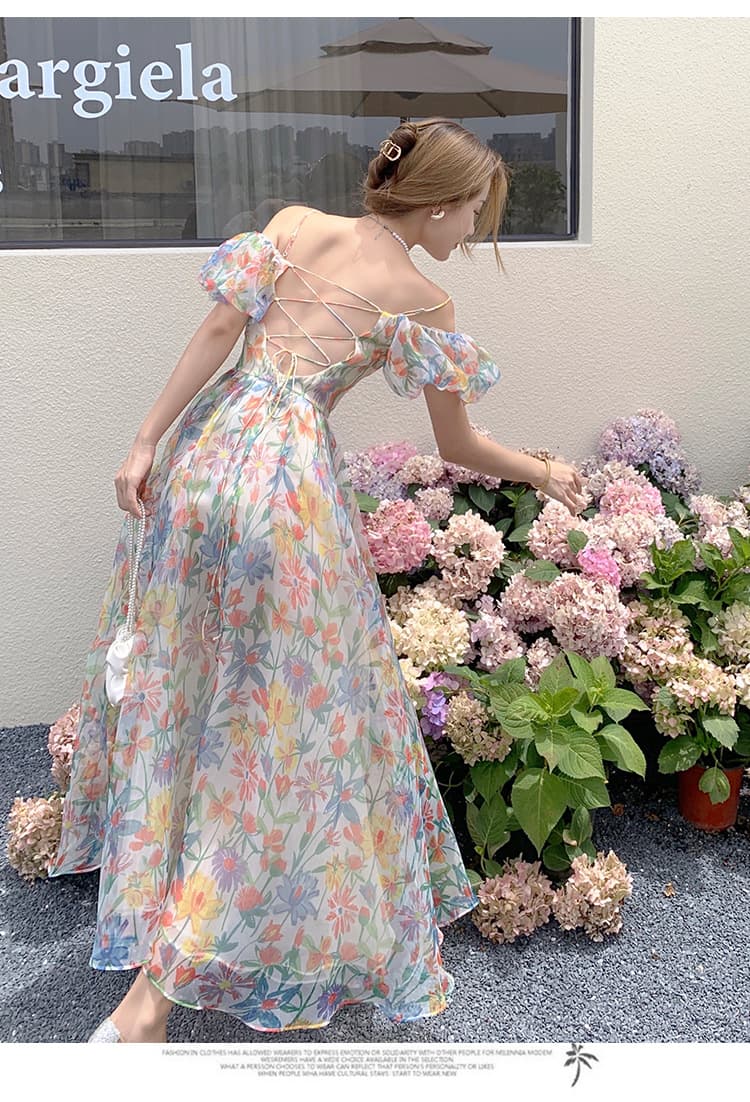 大人ワンピース ロング 花柄シアーギャザーワンピース