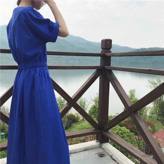 大人ワンピース ロング 五分袖ゆったりギャザーワンピース