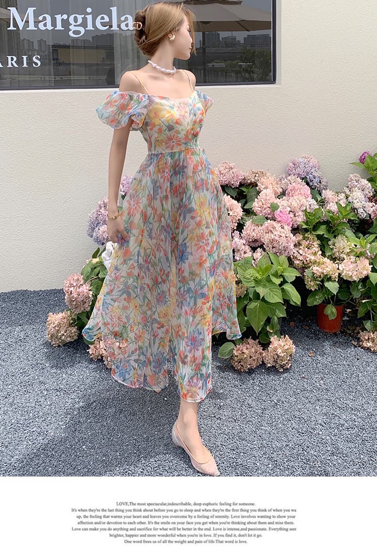 大人ワンピース ロング 花柄シアーギャザーワンピース