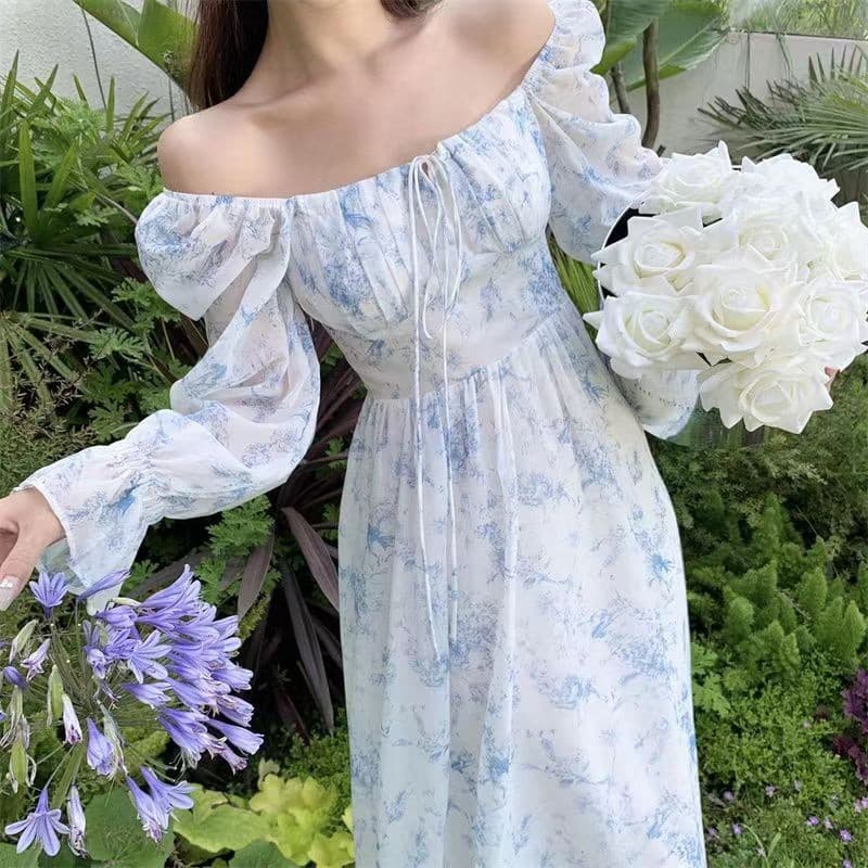 大人ワンピース ロング 優美な花柄パフスリーブワンピース