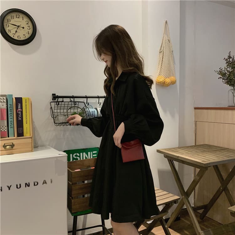 大人ワンピース 長袖シャツワンピース黒きれいめ大人ミディ丈