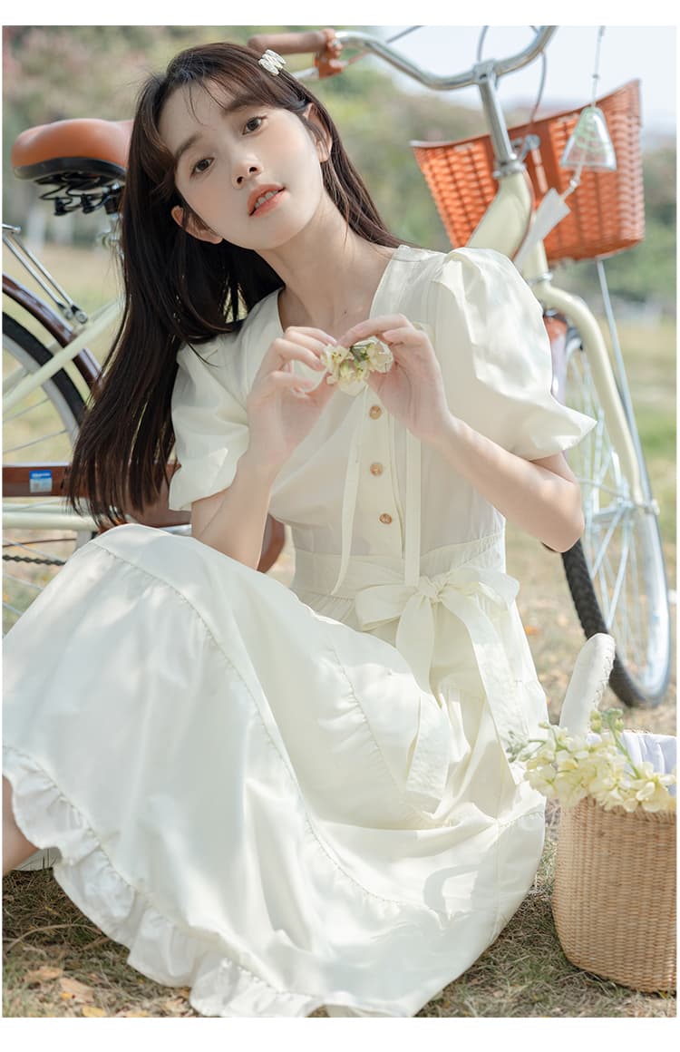 大人ワンピース ロング ふんわりパフスリーブ リボンティアードワンピース