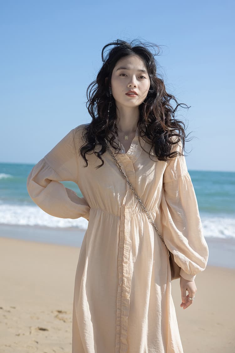 大人ワンピース ロング ふんわり袖のギャザーリネンワンピース