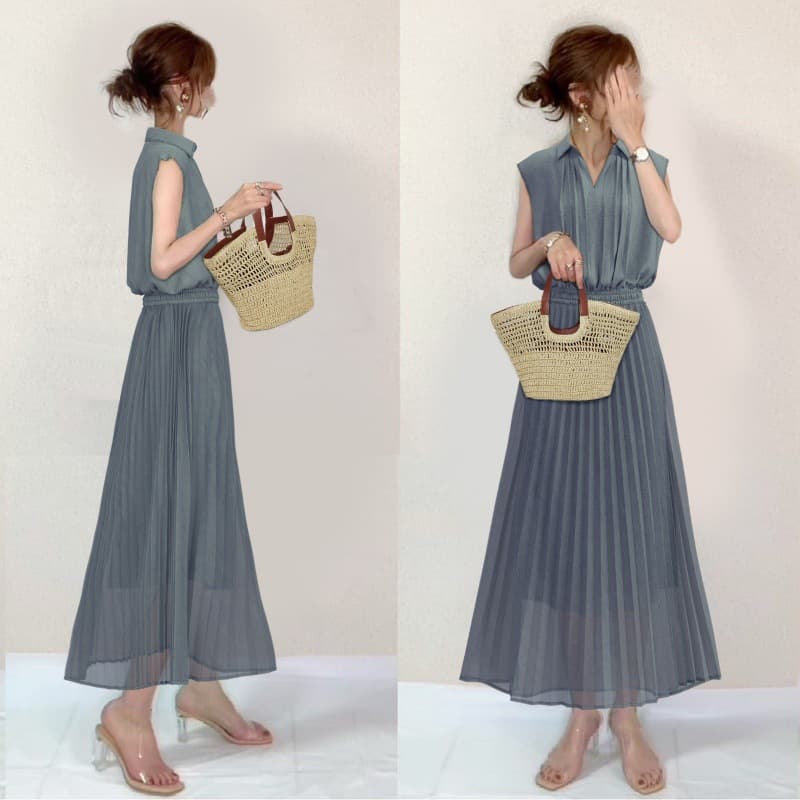 大人ワンピース ロング シアー素材プリーツロングワンピース