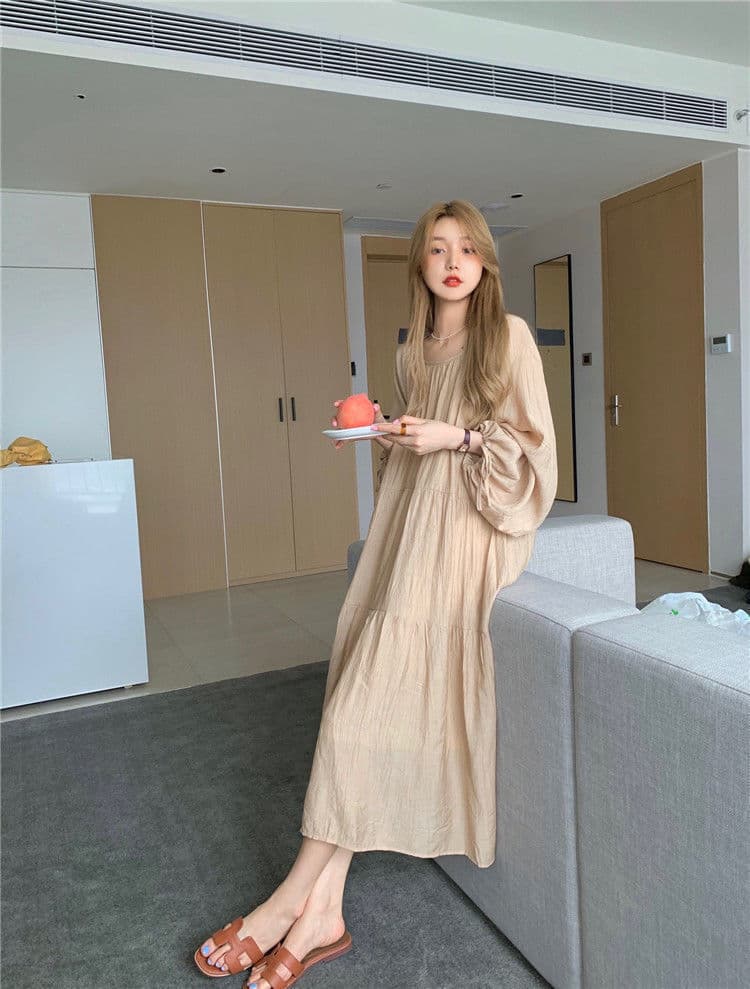 大人ワンピース ロング ふんわり袖のティアードワンピース