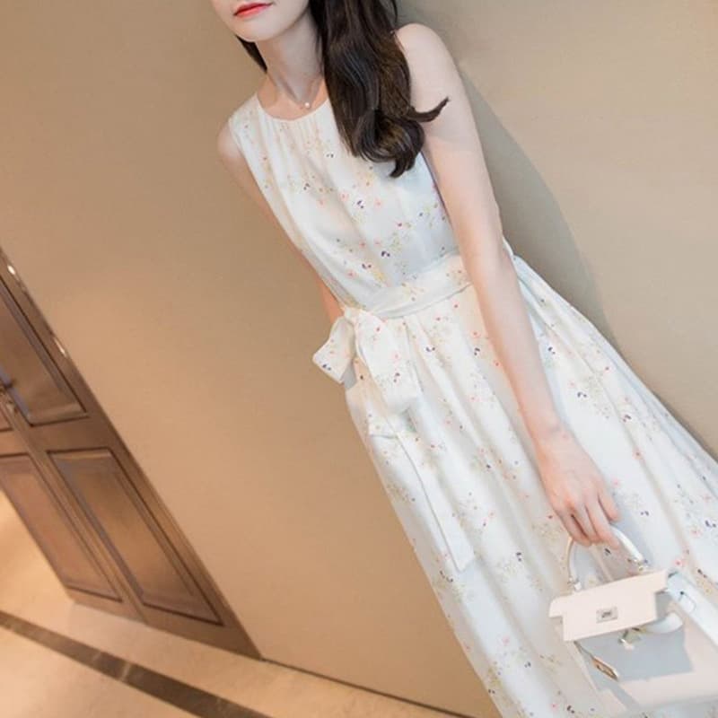 大人ワンピース ロング 花柄ノースリーブギャザーワンピース