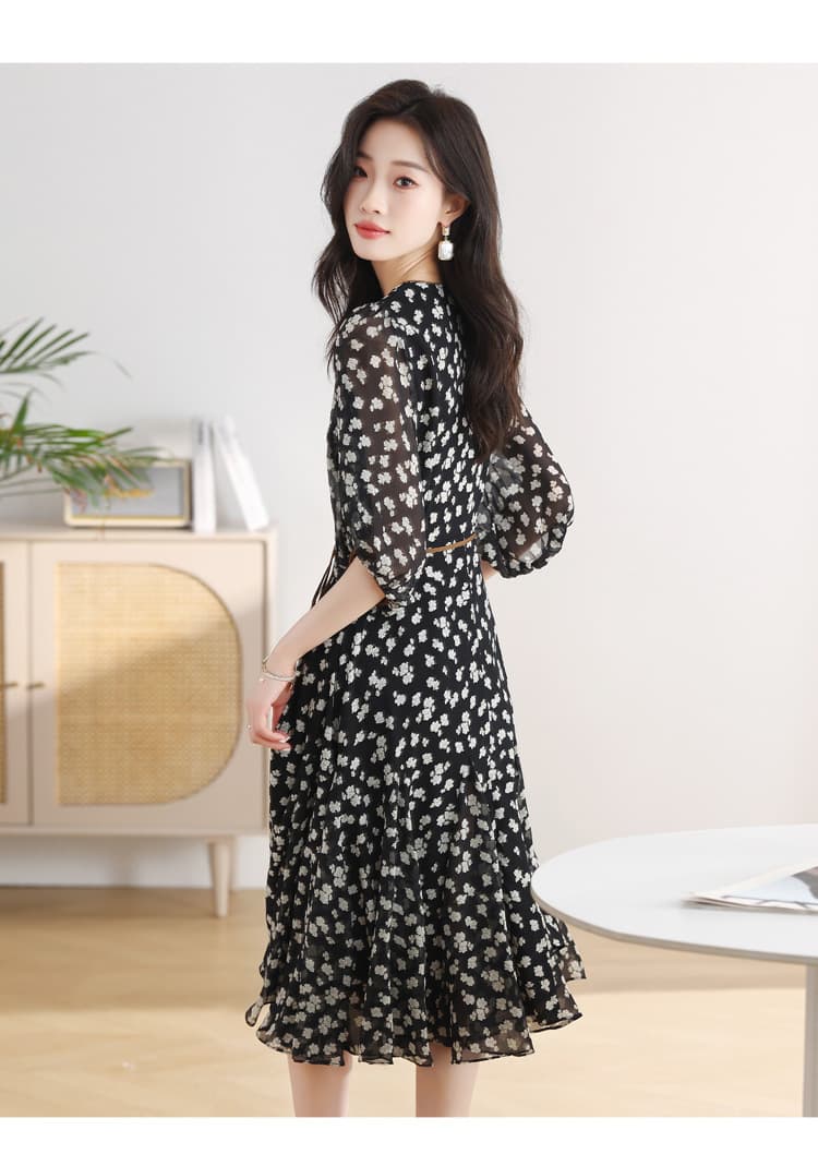 大人ワンピース ロング 花柄シアー素材パフスリーブ