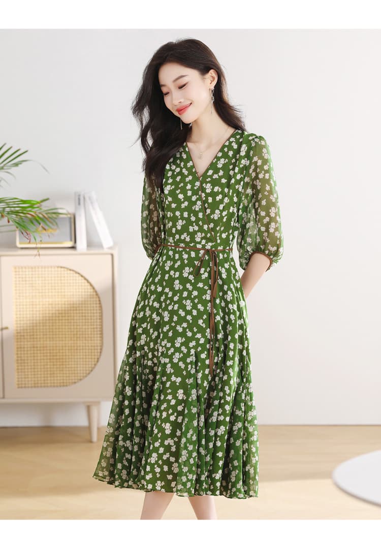 大人ワンピース ロング 花柄シアー素材パフスリーブ