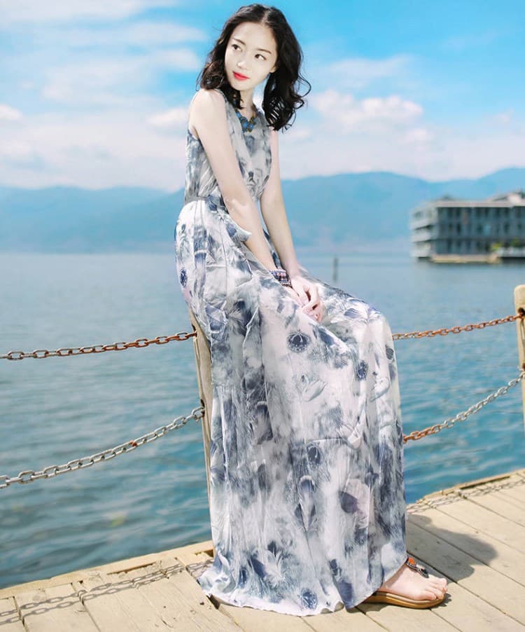 大人ワンピース ロング 優美な花模様 シフォンマキシワンピース