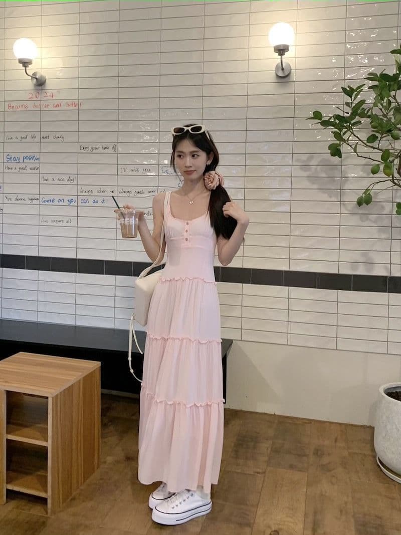 大人ワンピース ロング フリル切替ティアードマキシワンピース