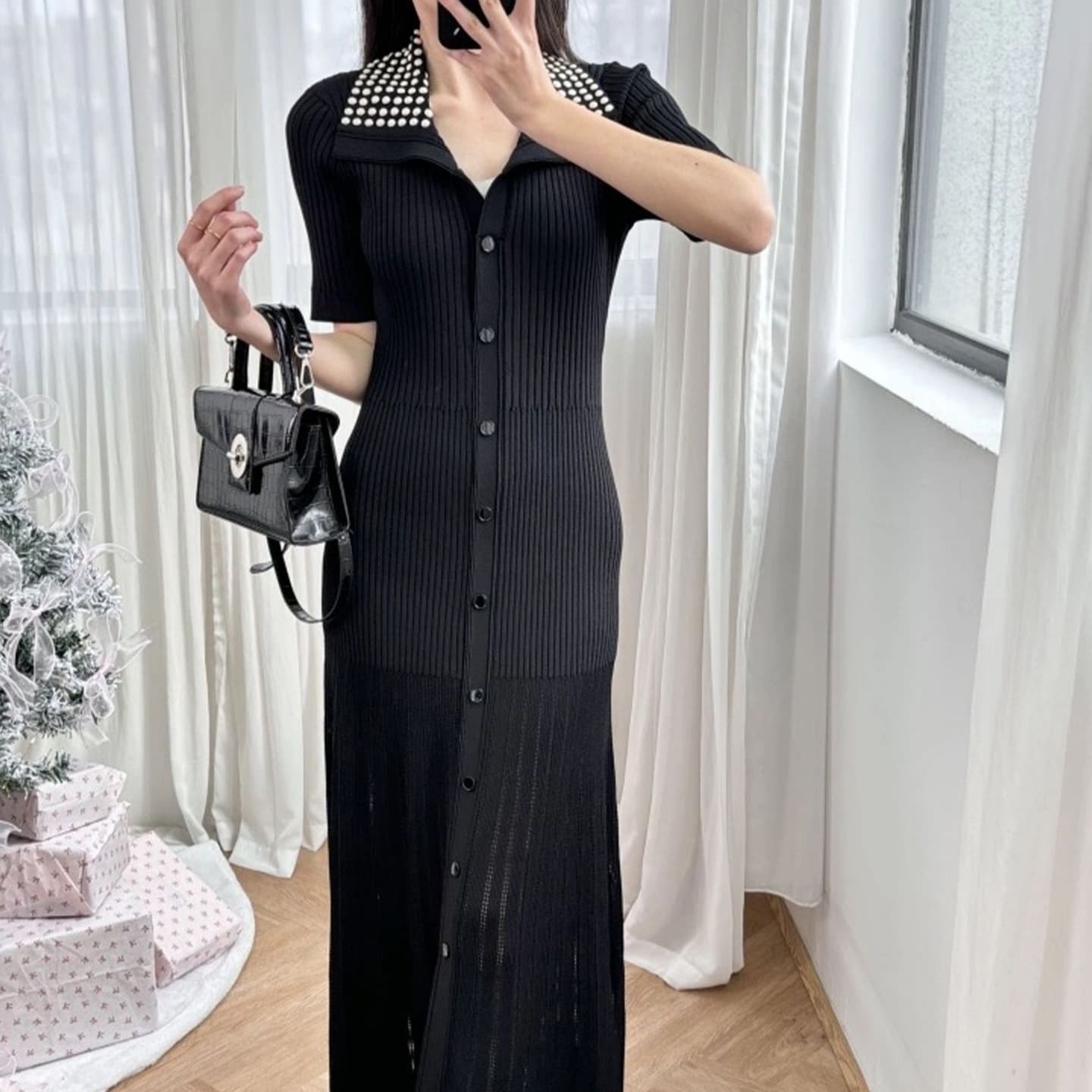 大人ワンピース ロング ドット襟リブニットワンピース