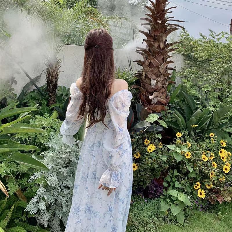 大人ワンピース ロング 優美な花柄パフスリーブワンピース