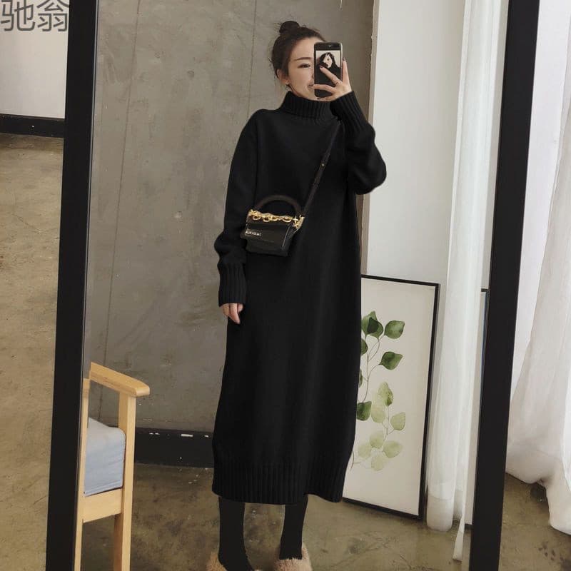 大人ワンピース ロング ゆったりタートルニットワンピース