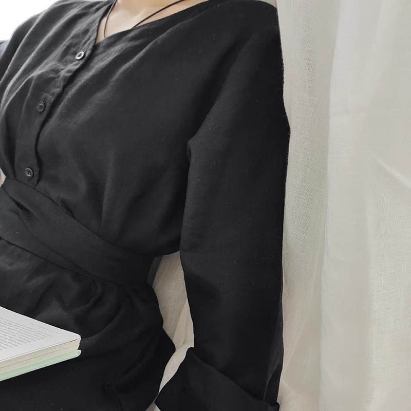 大人ワンピース ゆったりシャツワンピース ロング丈 ウエストリボン 体型カバー