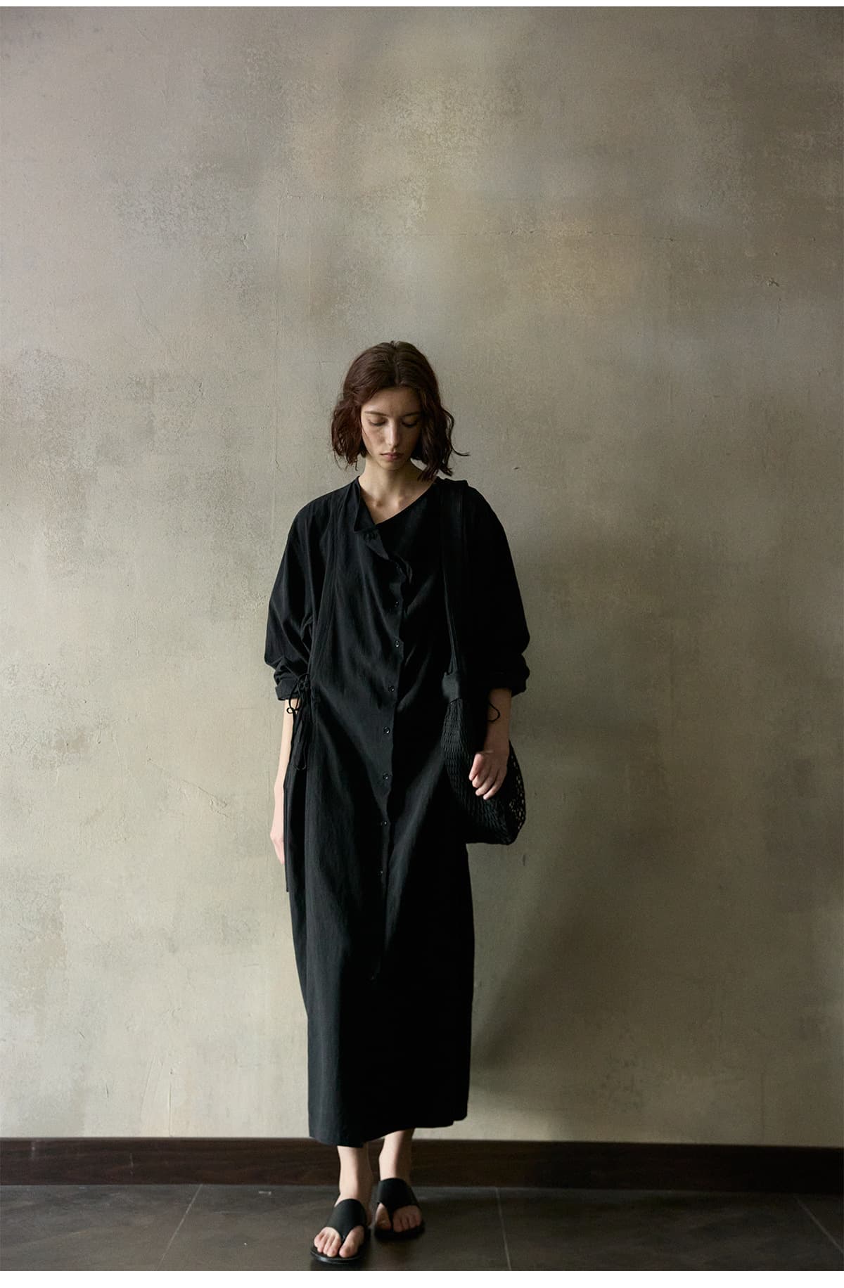 大人ワンピース ロング 優美な佇まい リネン風前開きワンピース