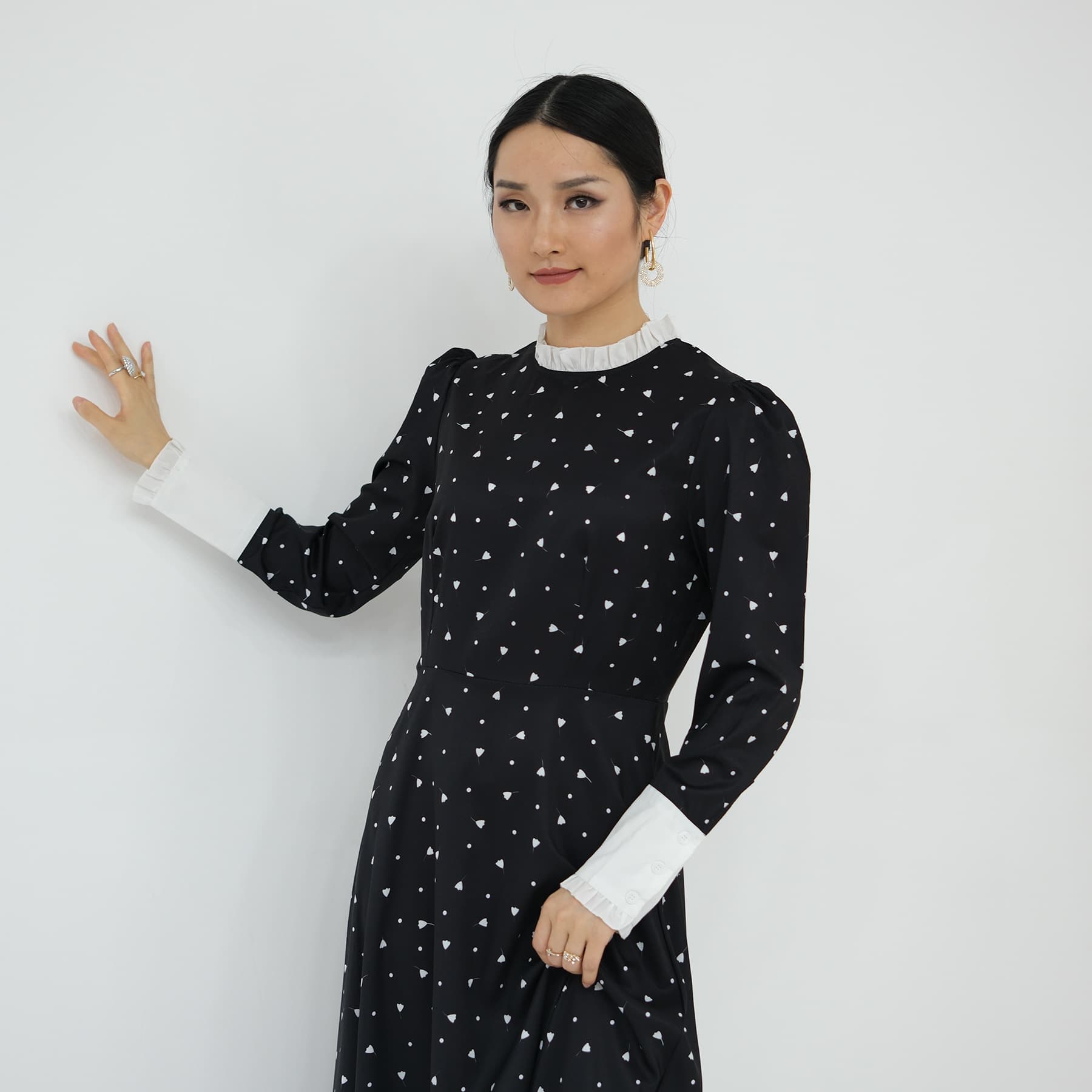 大人ワンピース ロング ハートドット フリル袖 ワンピース