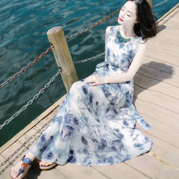 大人ワンピース ロング 優美な花模様 シフォンマキシワンピース