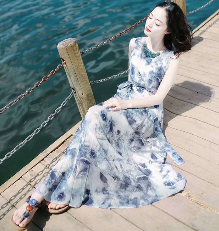 大人ワンピース ロング 優美な花模様 シフォンマキシワンピース
