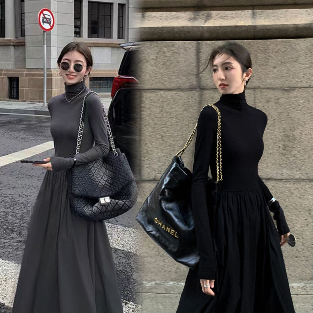 大人ワンピース ロング 優美ハイネックギャザーワンピース