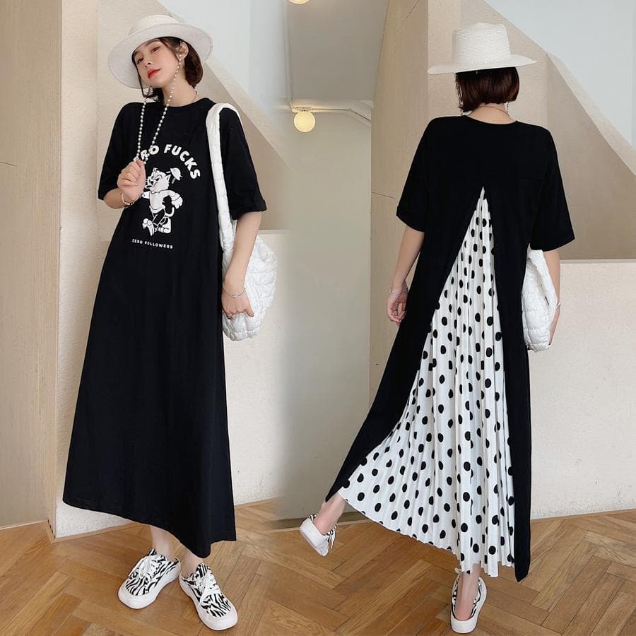 大人ワンピース ロング バックデザイン水玉切替ロングワンピース