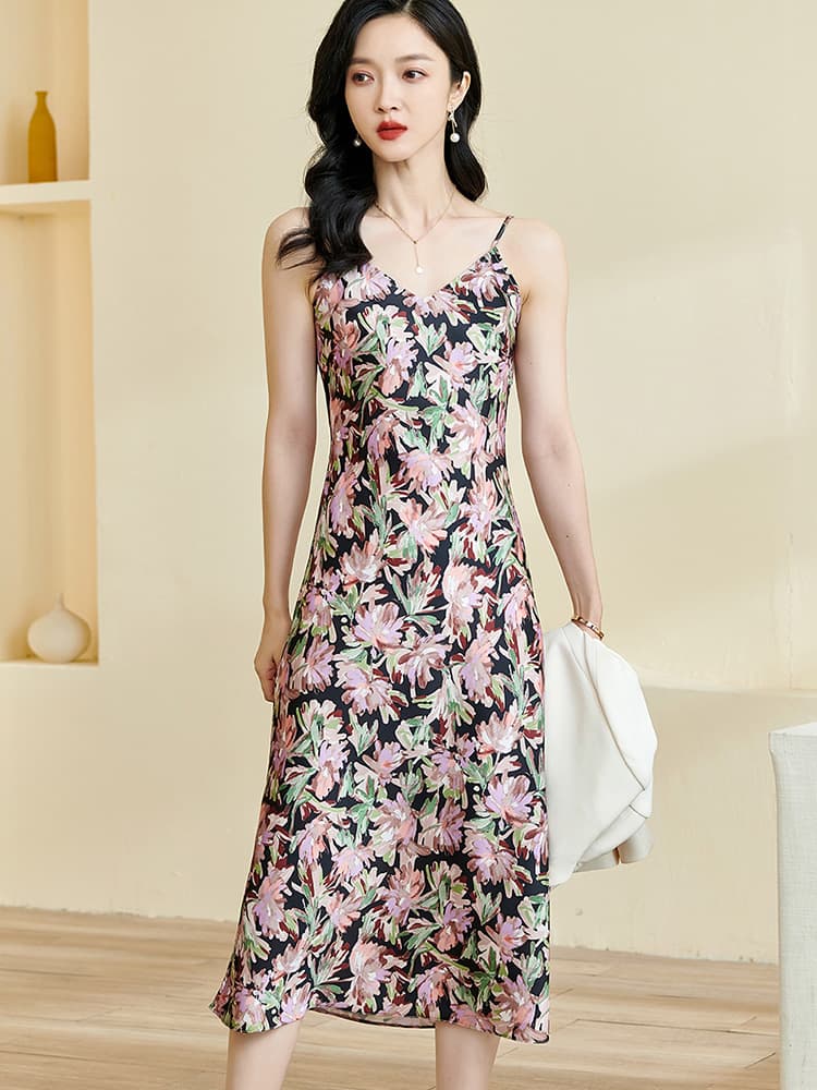 大人ワンピース ロング 優美な花柄シルエットキャミソールワンピース