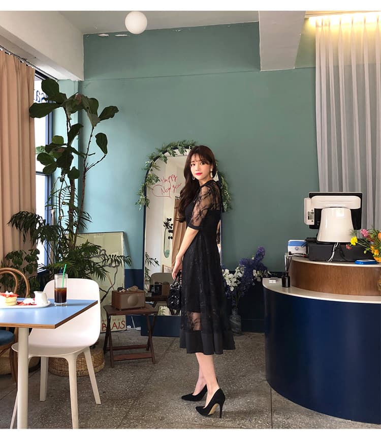 大人ワンピース ロング レース切替シアー素材ワンピース