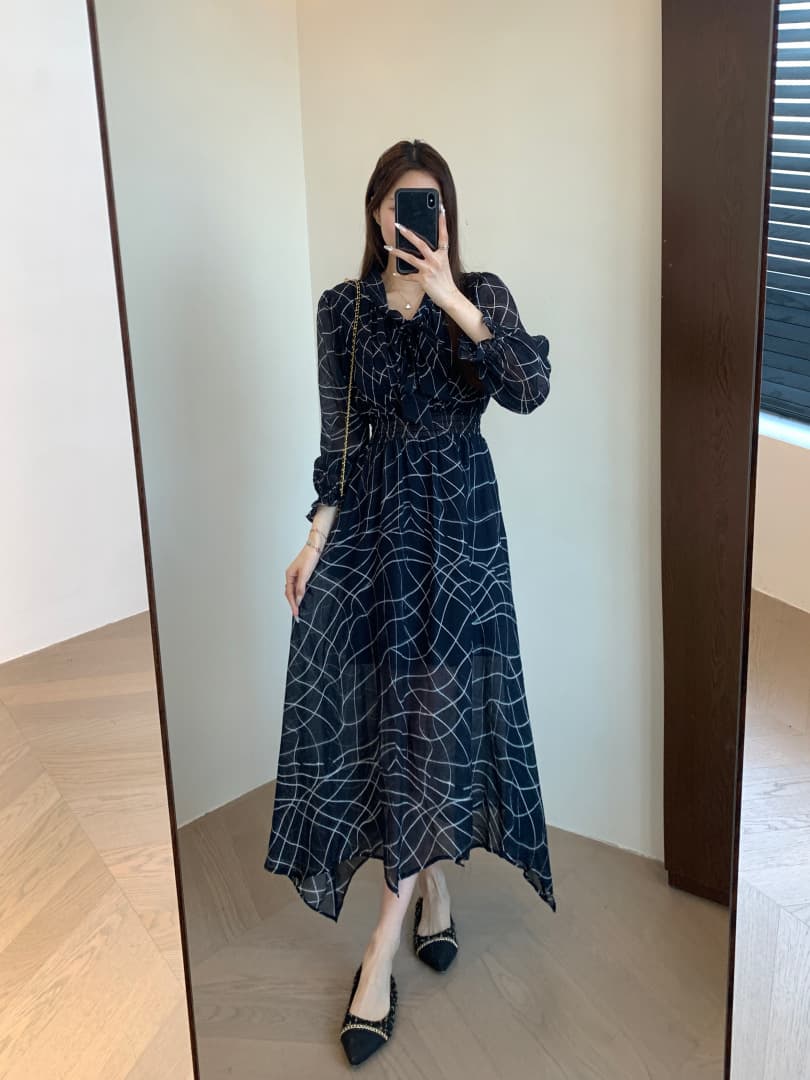 大人ワンピース ロング リボン飾り格子柄シフォンロングワンピース