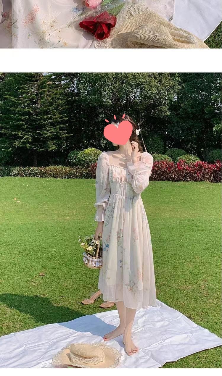 大人ワンピース ロング 優美な花柄パフスリーブワンピース