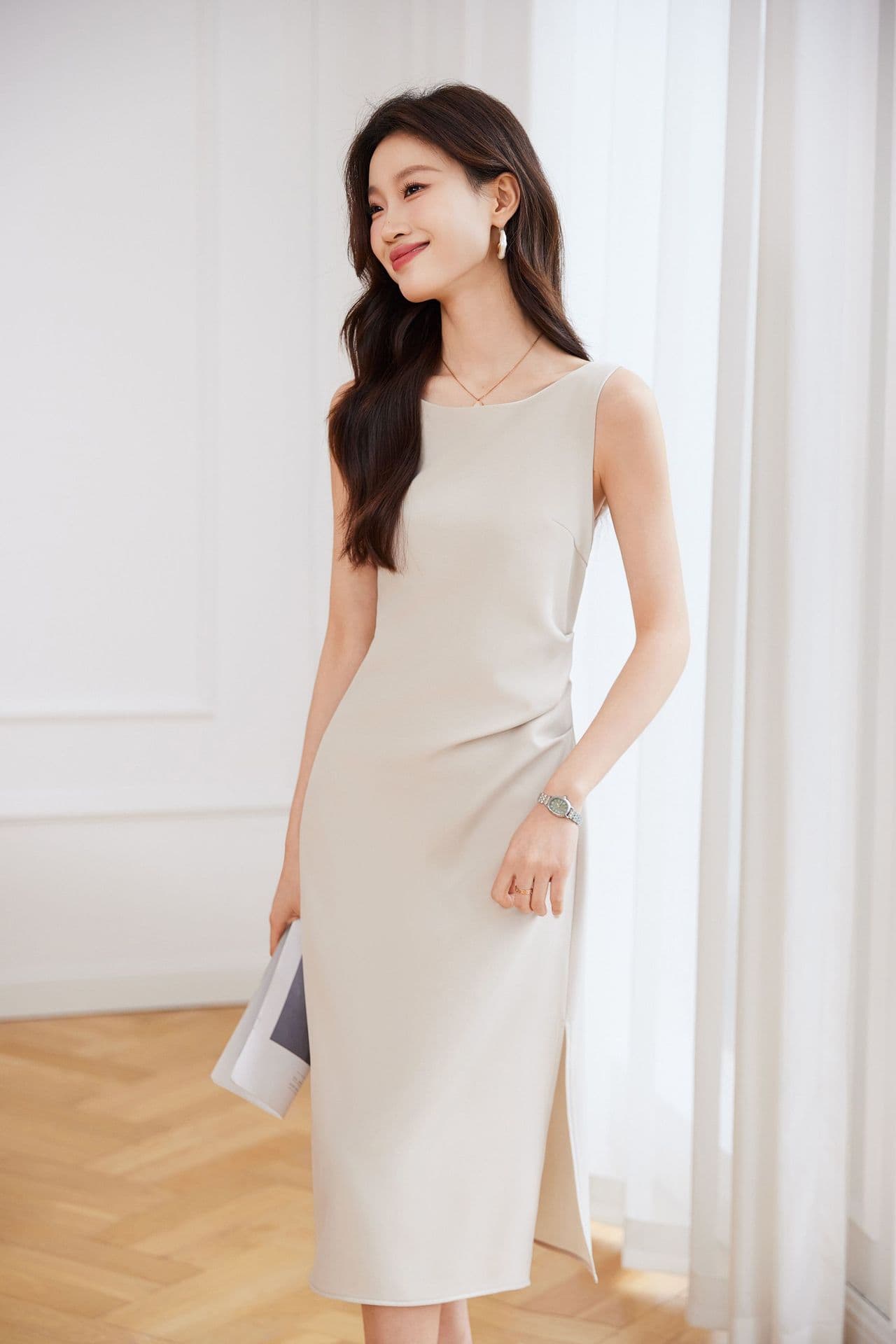 大人ワンピース ロング シンプル上品スリット入りワンピース