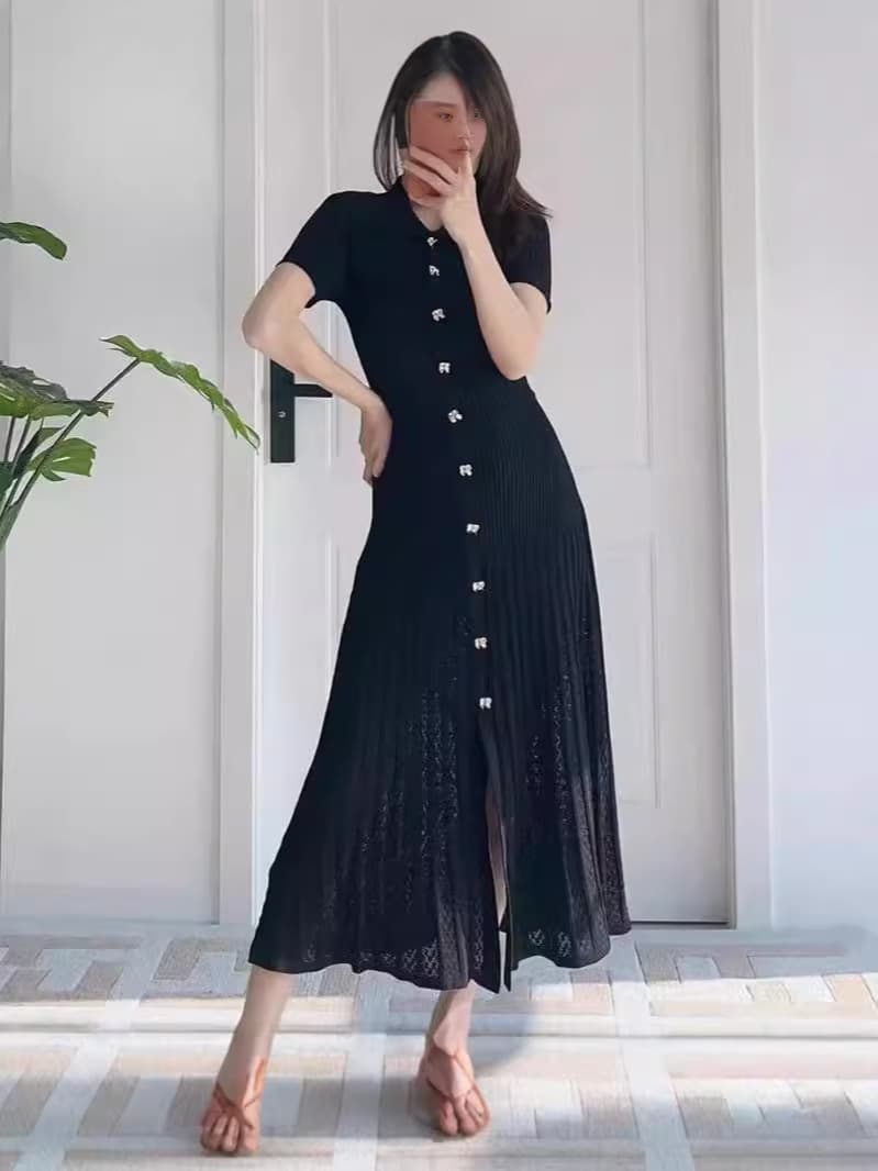大人ワンピース ロング リブニット縦ボタン フレアワンピース