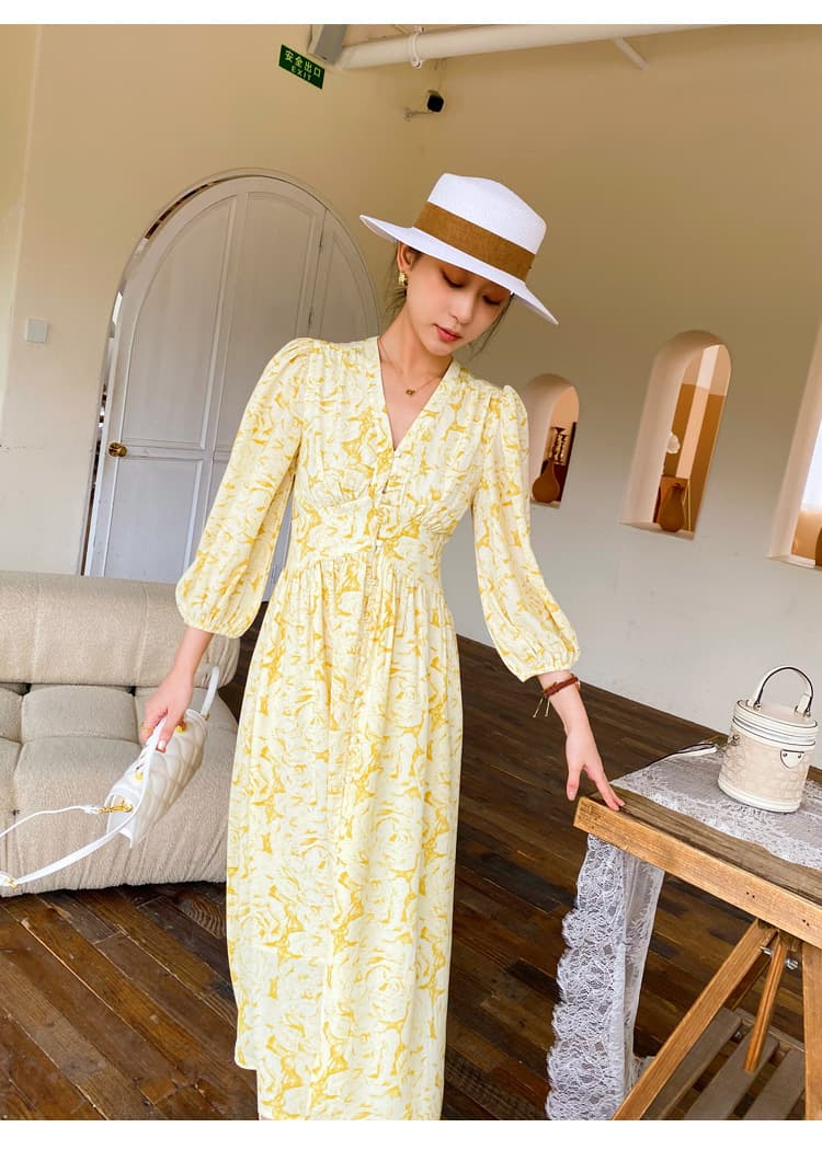 大人ワンピース ロング フレンチシック パフスリーブ
