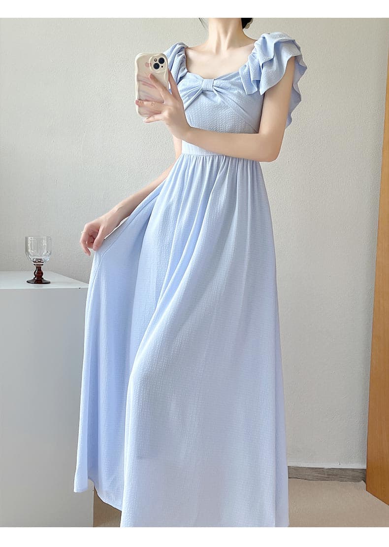 大人ワンピース ロング フリル袖リボン付きロマンティックワンピース