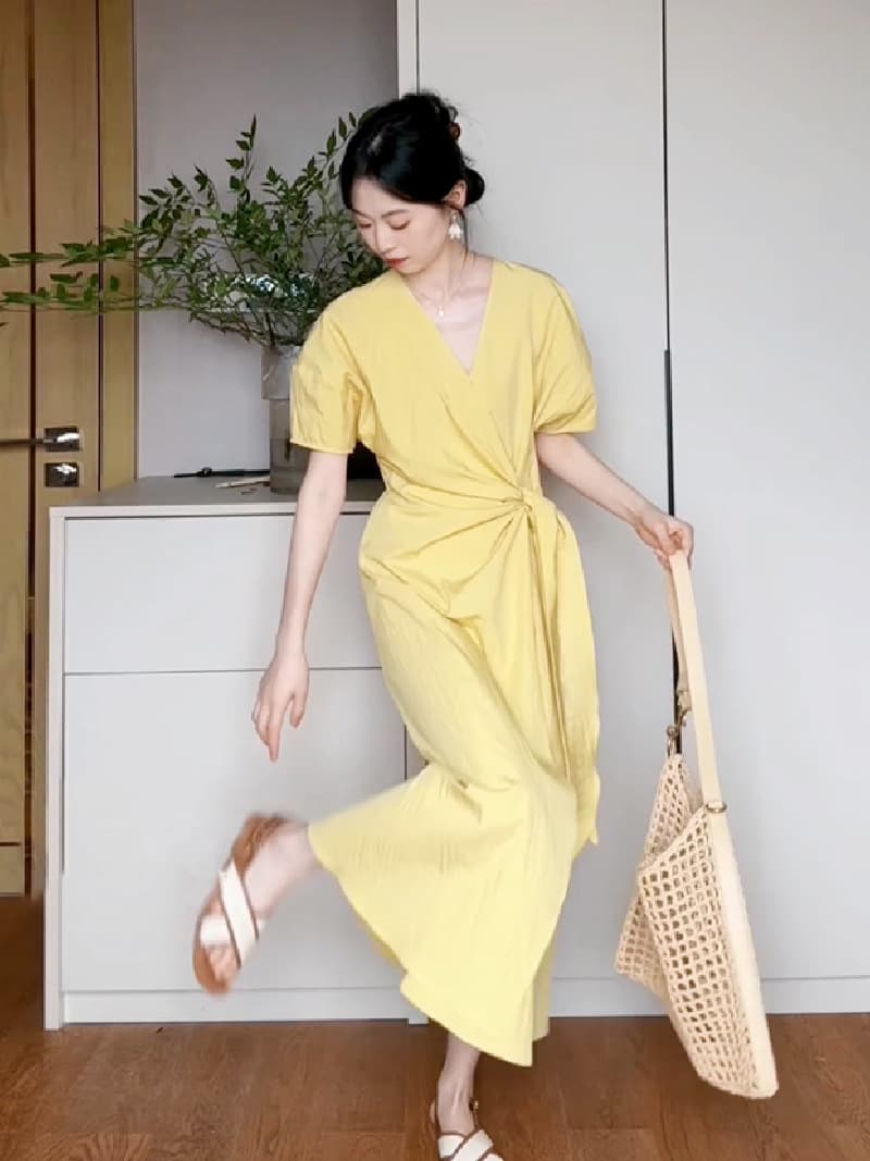大人ワンピース ロング ウエストリボン付きパフスリーブワンピース