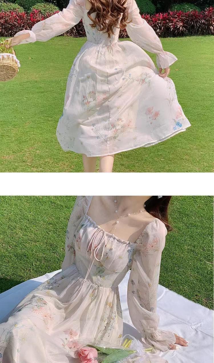 大人ワンピース ロング 優美な花柄パフスリーブワンピース