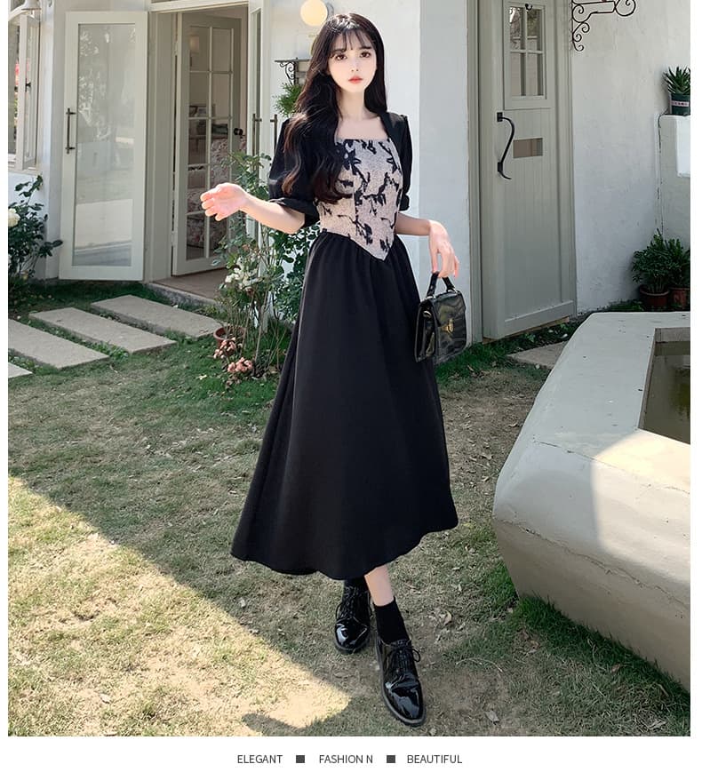 大人ワンピース 花模様胸元切替えロングワンピース