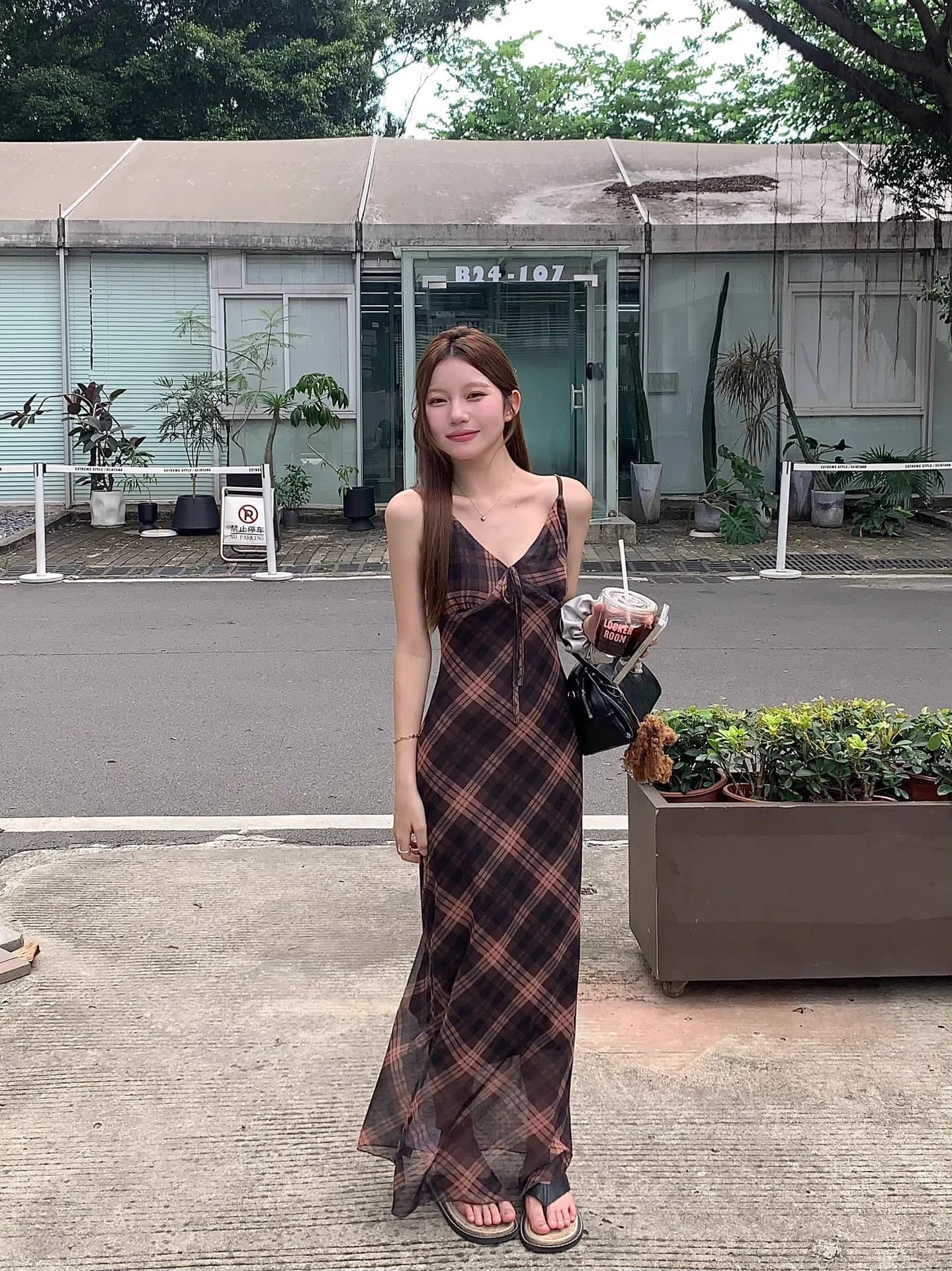 大人ワンピース ロング 格子柄キャミソールロングワンピース