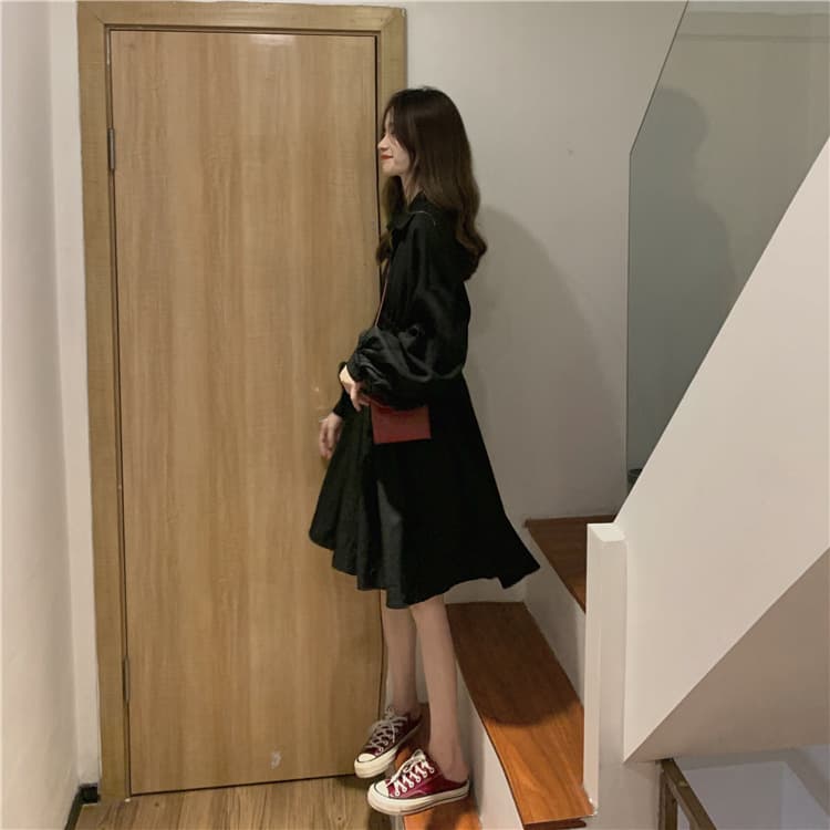 大人ワンピース 長袖シャツワンピース黒きれいめ大人ミディ丈