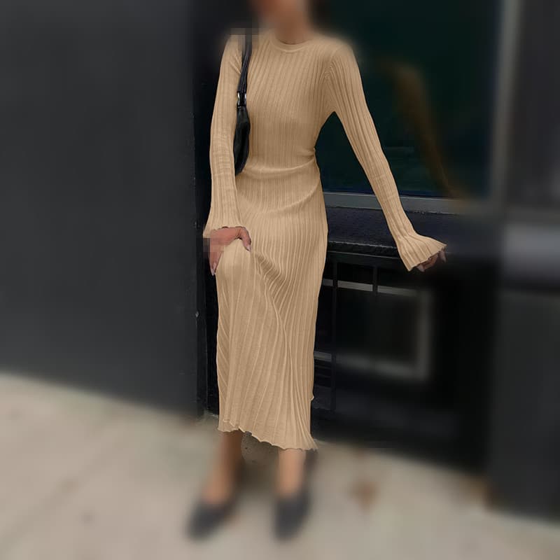 大人ワンピース ロング リブ編みフィット美シルエットワンピース