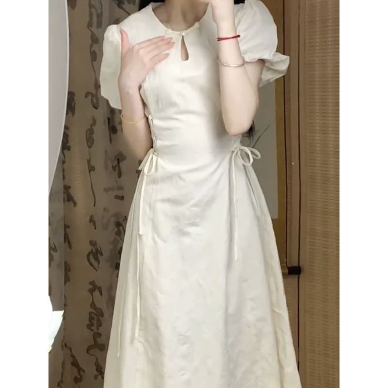 大人ワンピース ロング 優美な気品漂うパフスリーブ大人ロングワンピース