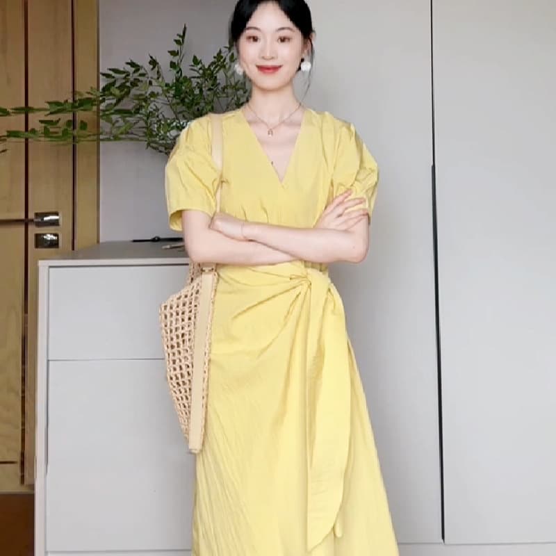 大人ワンピース ロング ウエストリボン付きパフスリーブワンピース